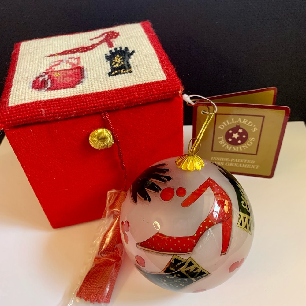 🆕Dillard's Trimmings Painted Glass Christmas Ornament In Velvet Needlepoint Box